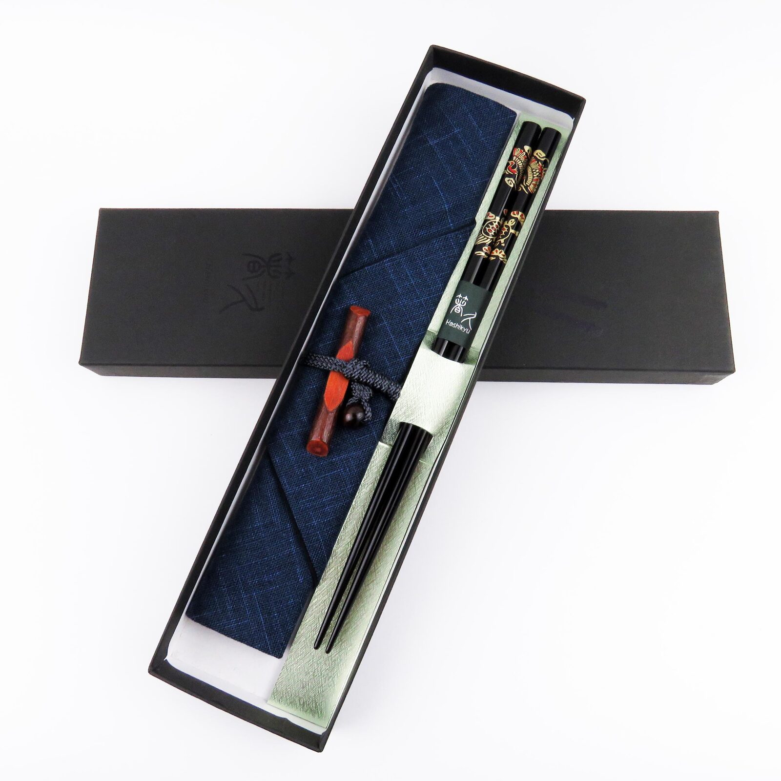 輪島うるし箸　鶴亀　箸袋(紺・赤)　梅小枝箸置き　紙箱セット