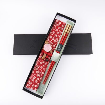 輪島うるし箸　南天　桜ちらし箸袋(赤)　梅の花箸置き付　セット