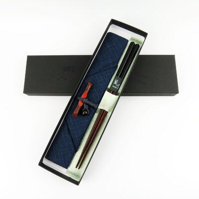 塗分け先角箸 秀月　箸袋(紺・赤)梅小枝箸置き付　特別セット