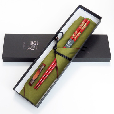 輪島うるし箸　鶴亀　箸袋(緑)　梅小枝箸置き　紙箱セット