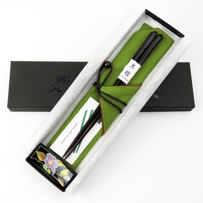 けずり黒檀箸　箸袋（緑）　てっせん箸置き　お箸拭き付セット